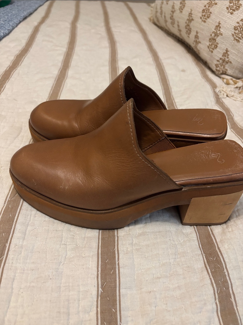 27 EDIT Brown Leather Clog Mules with Block Heel